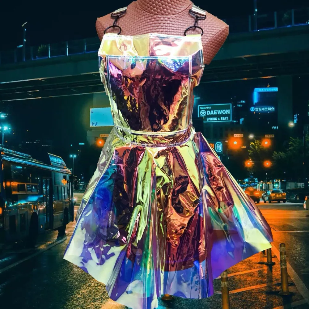 Arrive New Hologram A Line A Shape Laser Sympony Club DJ Dance Guitar Show Costumes Girls Fashion Chic Cosplay PVC Dress Rainbow