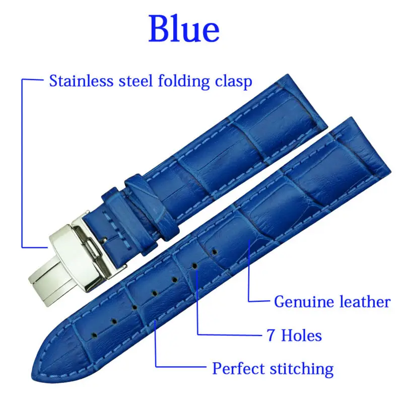 MAIKES Bule Genuine Leather Watch Band With Stainless Steel Folding Buckle 16mm 18mm 20mm Watch Strap