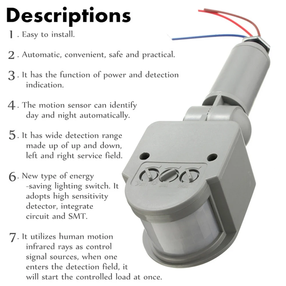 Motion Sensor 220V 12V Motion Detector Automatic Infrared PIR Sensor 220V 180 Degree Rotating Outdoor Timer Light Switch