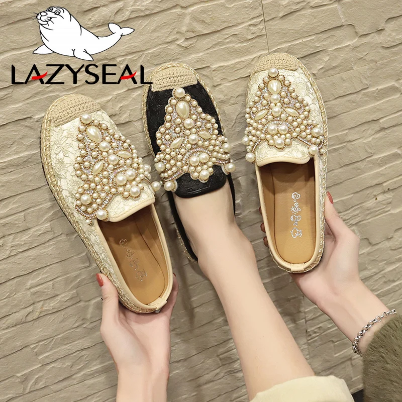 LazySeal 2020 Spring Slides Women Shoes Pearl Loafers Flat Heel Shoes Lazy Cane Women String Bead Moccasin Mules Shoes For Women