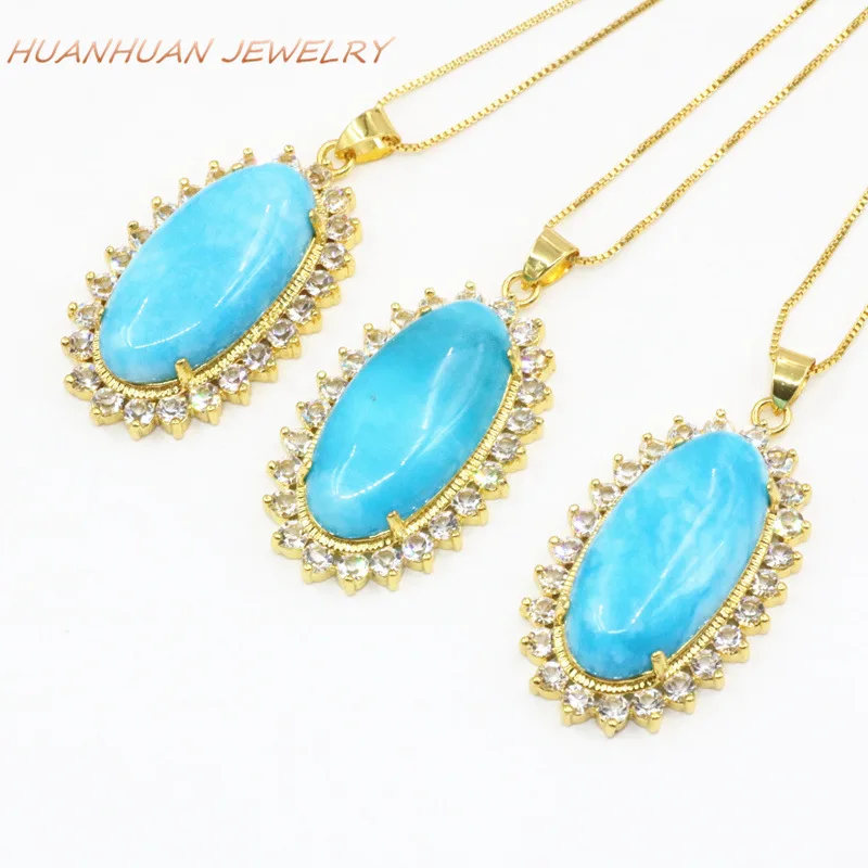 

24x42mm Charms Blue Jades Stone Necklaces Pendant For Women Natural Chalcedony Stainless Steel Pendants Chain Jewelry B3312
