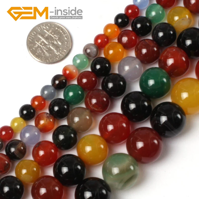 Round Mix-colour Agates Beads: 6mm 8mm 10mm 12mm 14mm 16mm Natural Stone Beads DIY Loose Bead For Jewelry Making Strand 15