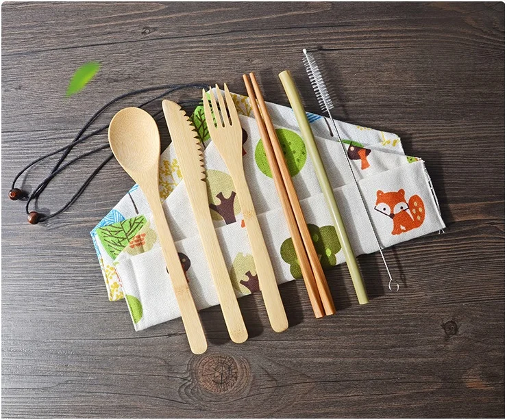 Portable Natural Bamboo Straw Spoon Fork Knife Chopsticks Cleaning Brush Kitchen Utensil Bamboo Cutlery Set WB305