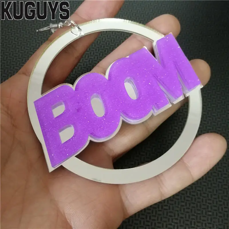 KUGUYS Pow Boom Round Earrings for Women Acrylic Jewelry Letter HipHop Punk Rock Drop Ear Accessories