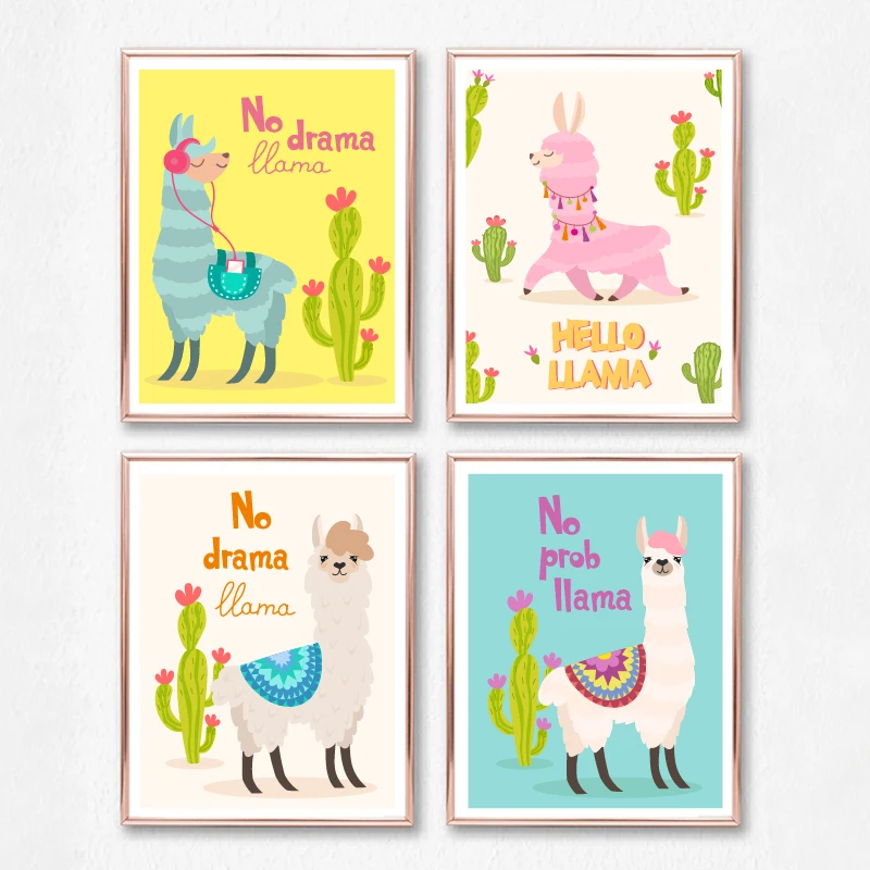 Cartoon Llama With Cactus Canvas Painting Nursery Decor Cute Animal Alpaca Prints and Posters Picture Baby Room Wall Art Decor