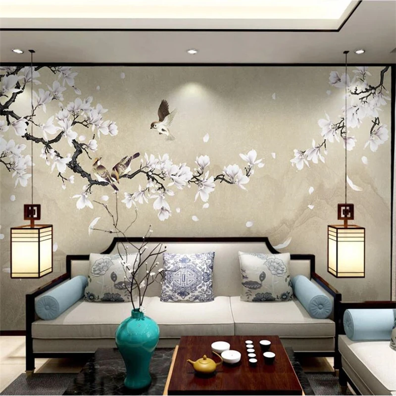 

beibehang Custom wallpaper 3d mural white magnolia hand-painted pen and flower Chinese background wall paper decoration painting