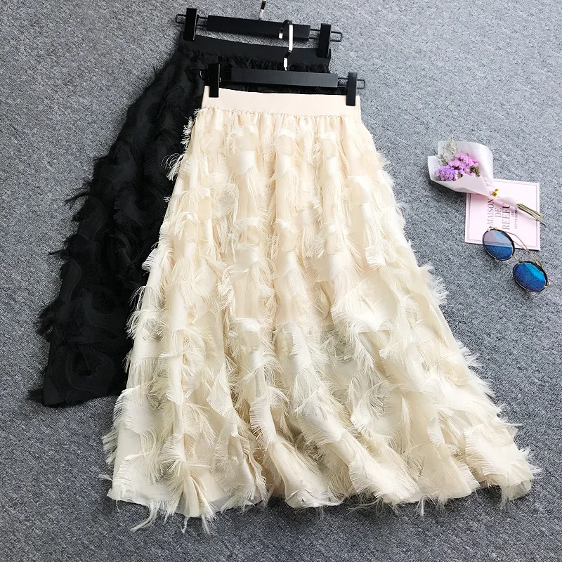 2019 New Spring Women Long Skirts Elastic High Waist Tassel Feather Chiffon Skirt Female Elegant Tutu Pleated Skirt Saias AB1298