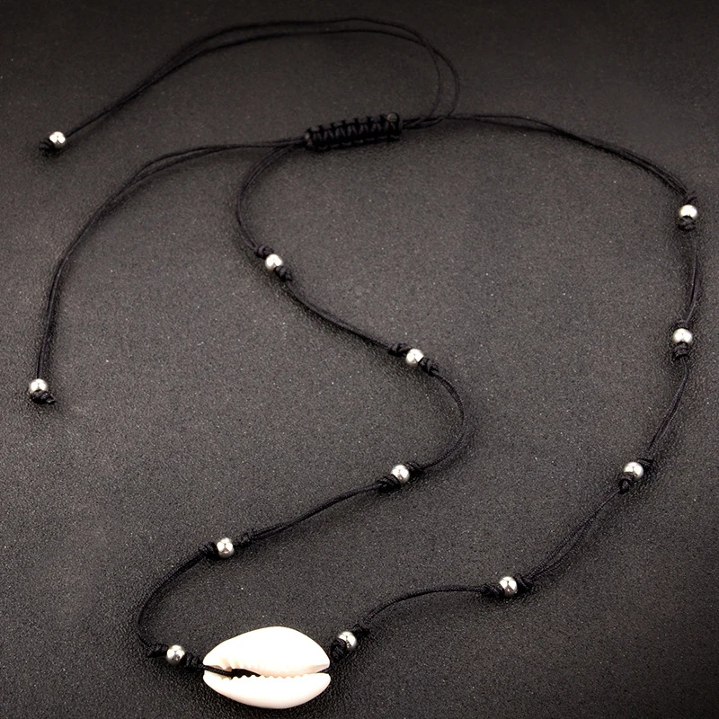 Wholesale Bohemian Women Jewelry Simple Black Rope Chain Silver Color Beads Shell Clavicle Choker Necklace Beach Accessories