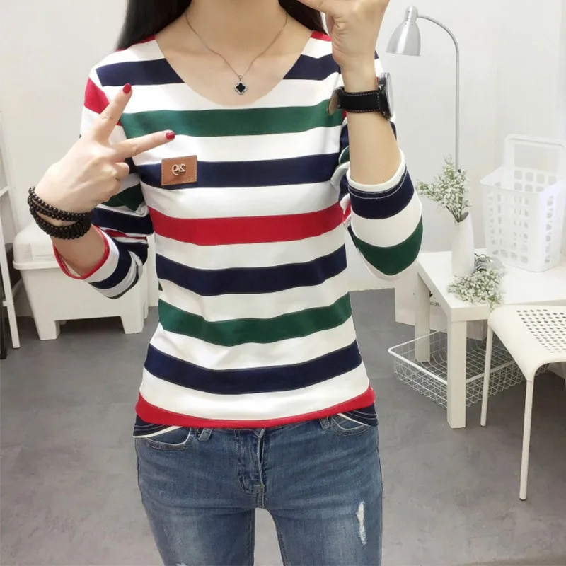 Autumn Korean Female harajuku Long Sleeve T-shirt Women Colorful Stripe women tshirt vetement femme Women T-shirts Casual Tops