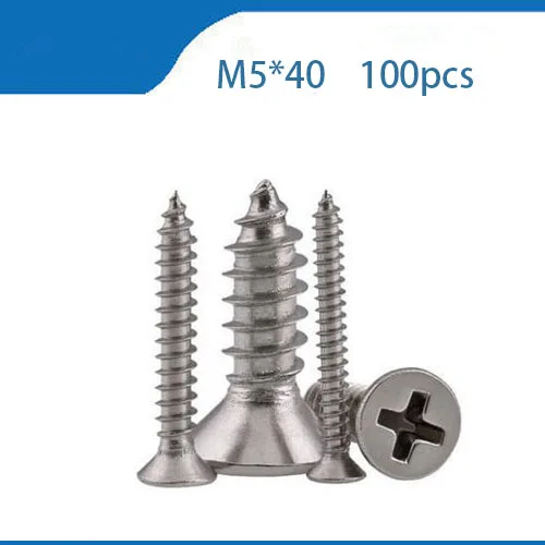 100pcs M5*40 304 Stainless steel Flat Head Tapping Cross Countersunk Screw satainless steel m5 M5*40