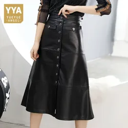 New Women Black Genuine Leather Lambskin High Waist A-Line Skirt Single Breasted Office Lady Mid Long Skirts