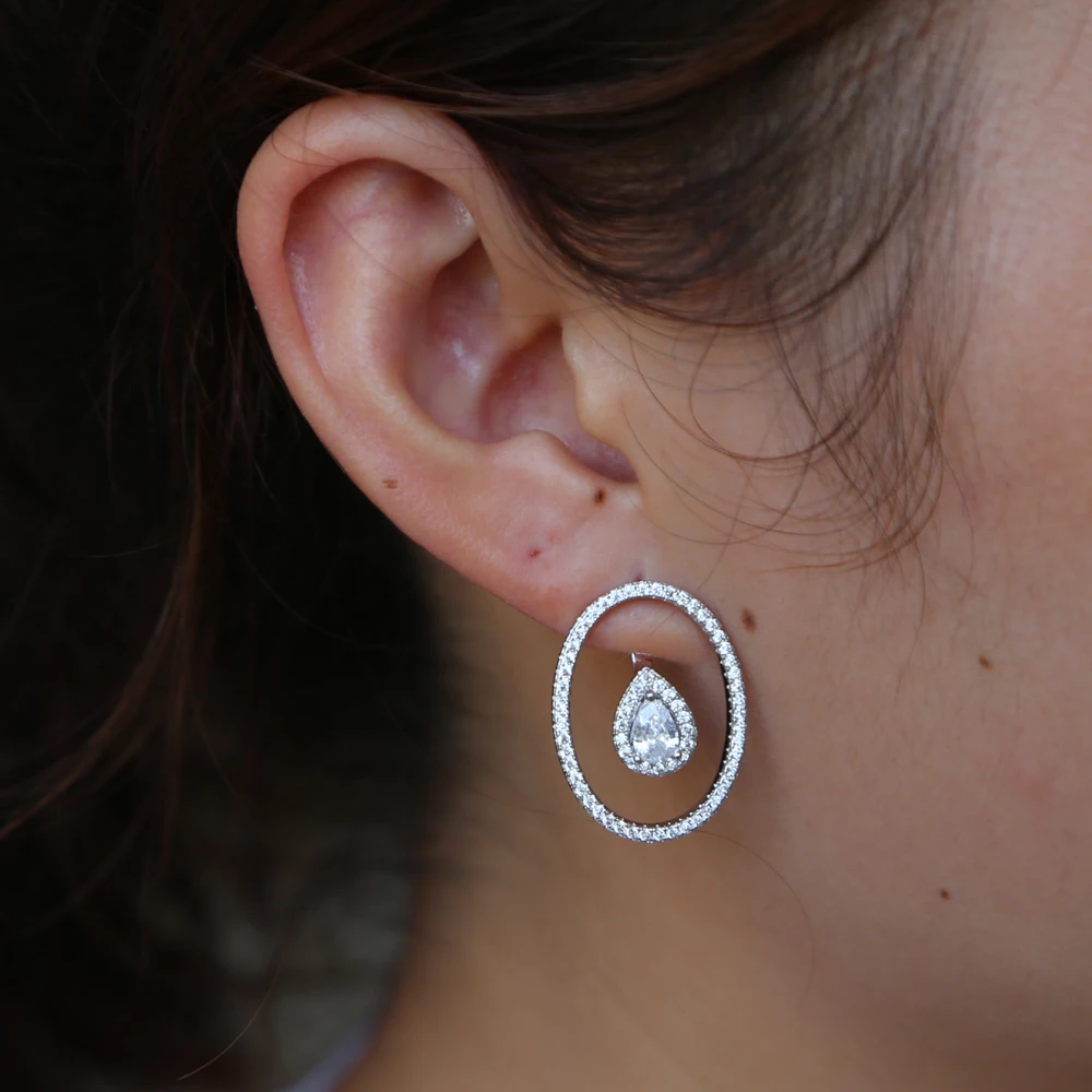 NEW style Frond double sided earring for women AAA cubic zirconia cz geometric elegance wedding engagement OVAL earring jewelry