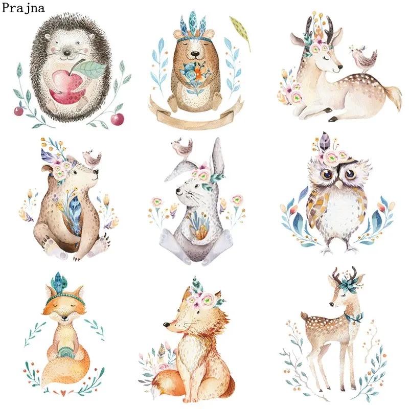 Prajna-ملصق فينيل لنقل الحرارة ، حيوان الغابة ، رسوم متحركة ، أرنب ، غزال ، لطيف ، ملابس أطفال ، DIY ، تي شيرت