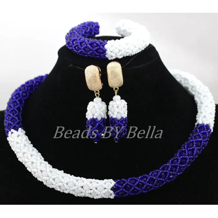 1 Row Cheap Handmade Women Choker Necklace Royal Blue White Crystal Fashion Beads Dubai Wedding Jewelry Set Free Shipping ABK948