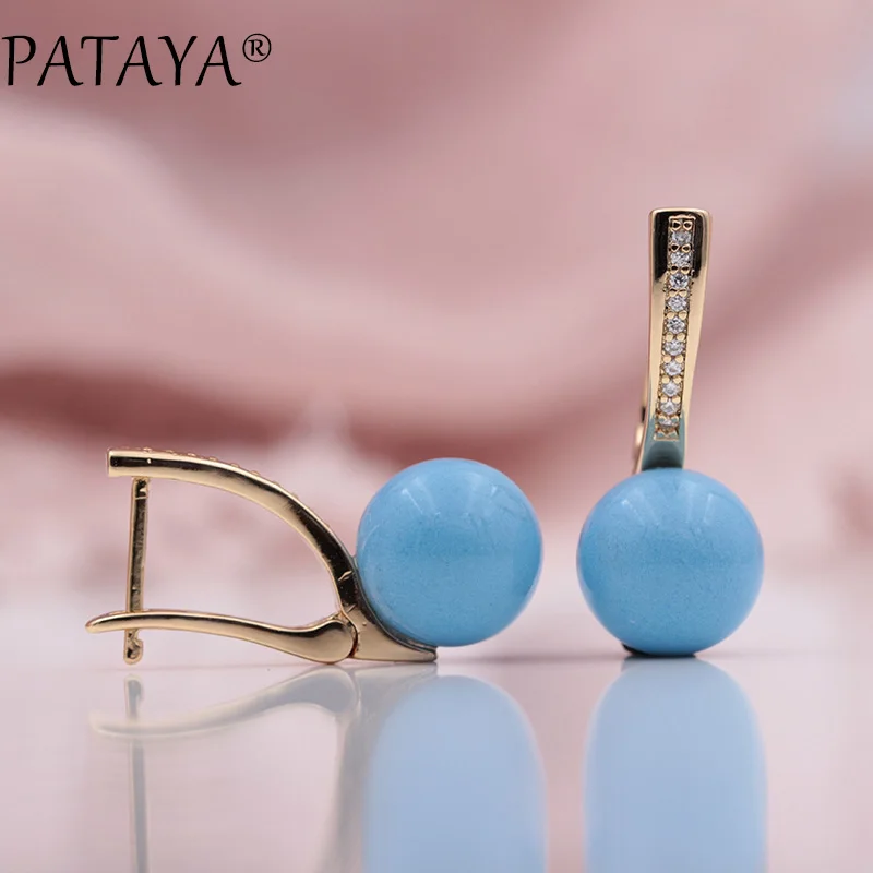 PATAYA New Turkish Blue Shell Pearls White Natural Zircon Drop Earrings 585 Rose Gold Color Women Wedding Party Luxury Jewelry