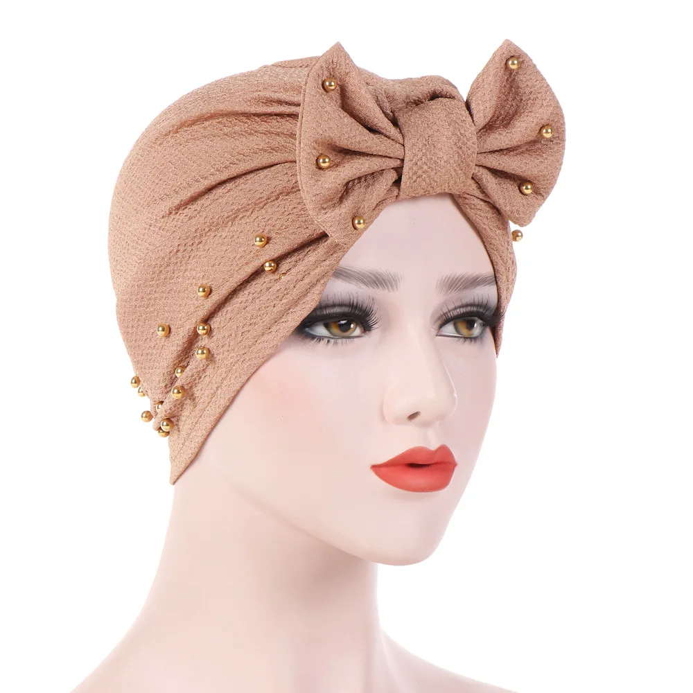 KepaHoo-Turban musulman avec nœud papillon pour femme, bonnets élastiques, chapeau indien, bonnet monochrome, enveloppement de sauna, mode