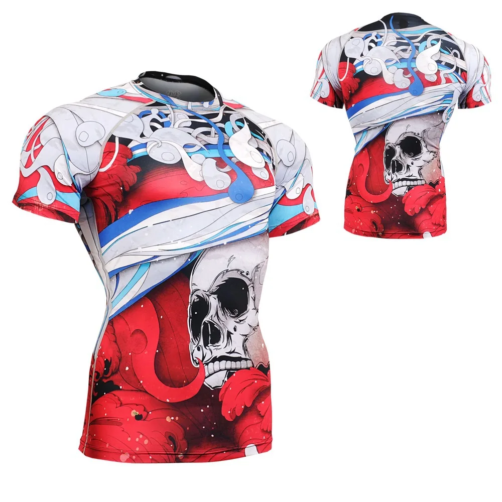 Men`s THE SKELETON SECOND SKIN Short Sleeve Fitness Running Compression Shirt Bodybuilding Crossfit Workout Tops Tees