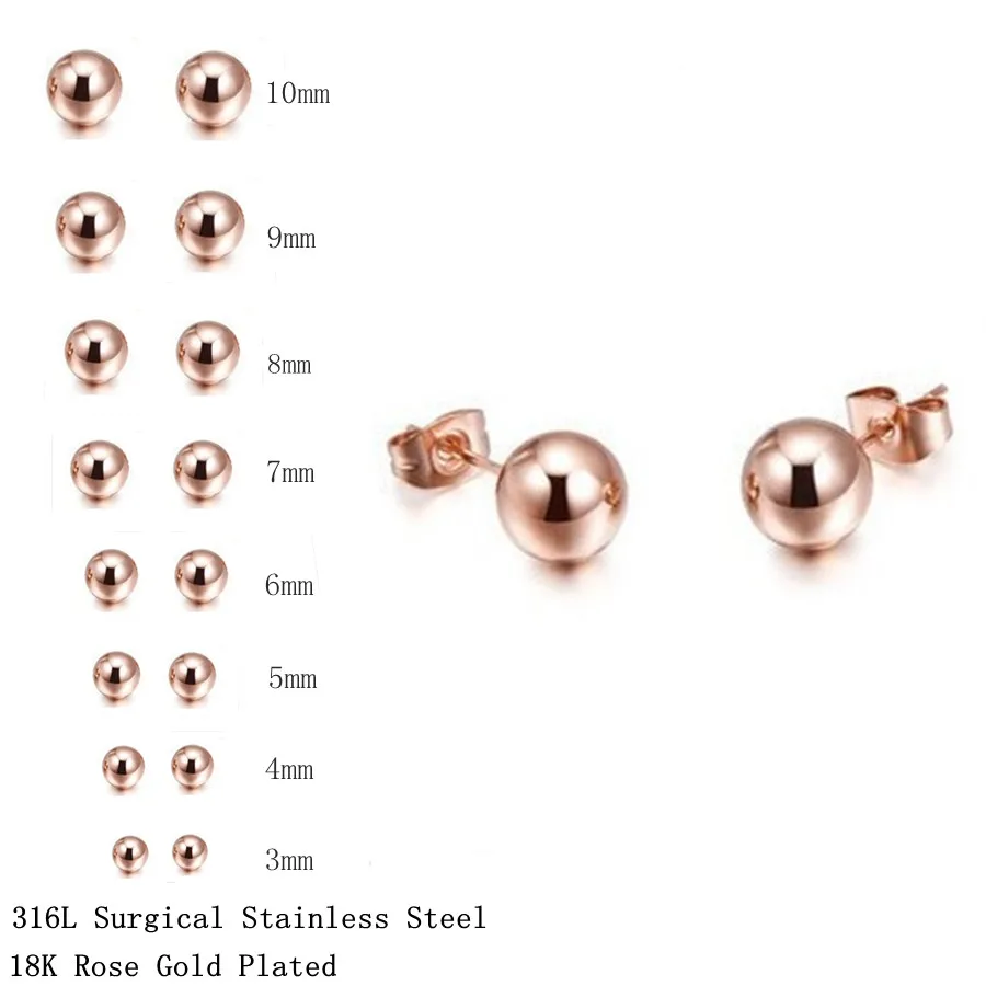 LUXUKISSKIDS 3-10MM Rose Gold Color Stud Earings Steel Cubic Round Ball Piercing Korean Fashion Wholesale Jewelry 10pairs/Lots