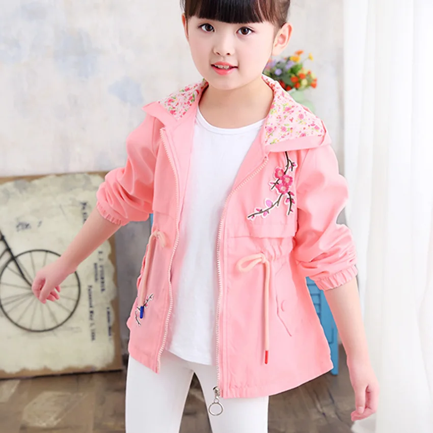 Girls Windbreaker Coat New Cute Flower Hooded Outwear for Baby Kids Clothes Children Casual Jackets 4 6 8 9 10 12 Years Vestidos