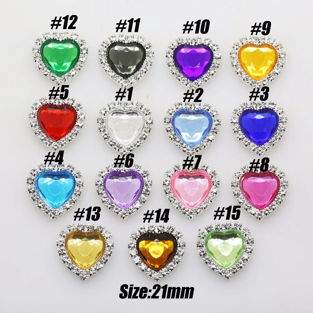 wholesale Heart-shaped 21*20MM acrylic rhinestone button flatback can mix colors 50PCS/lot