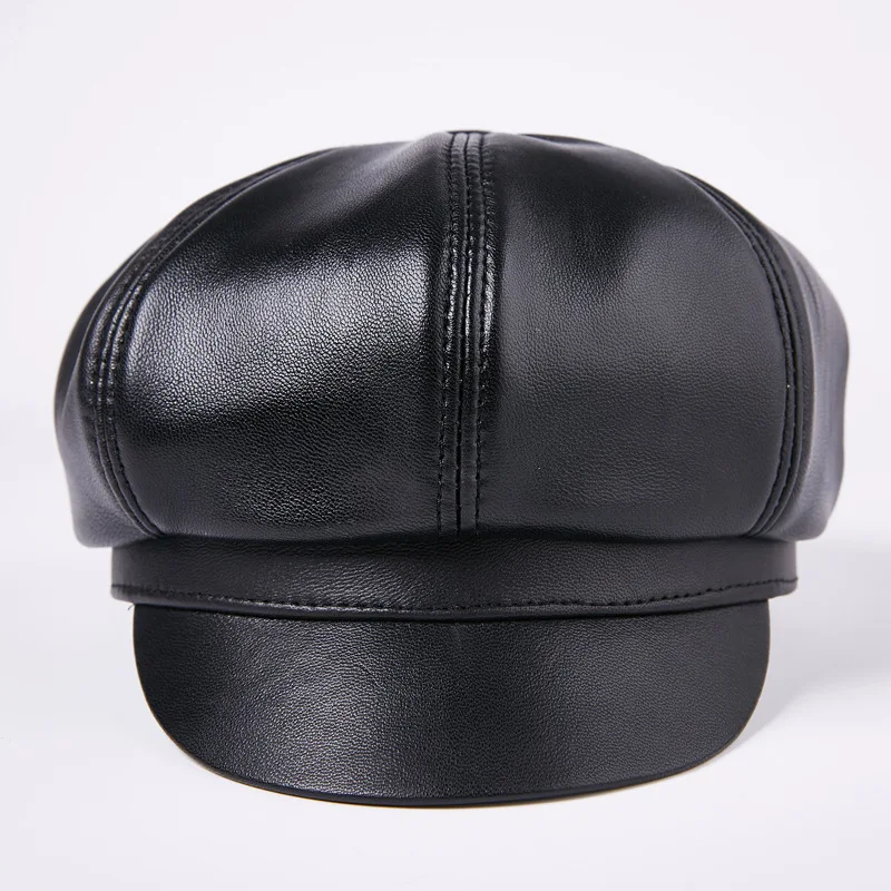 Genuine Leather Men Women Solid Color 8 Panel Design Gatsby Flat Cap Classic Newsboy Style Beret Hat Black Painter C  B-7210