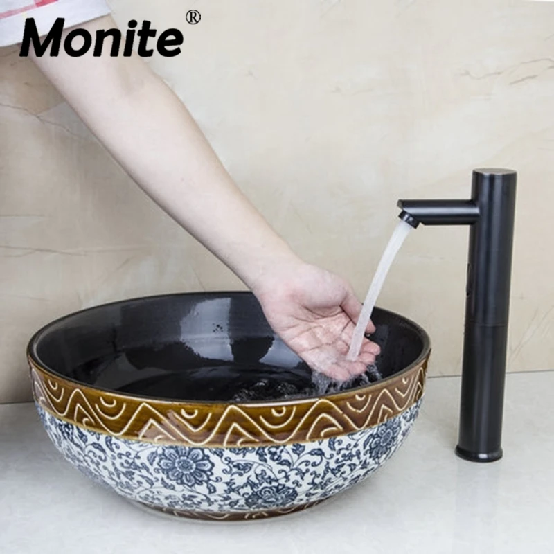 

Black Deck Mount Basin Sensor Faucet Bathroom Sink Washbasin Ceramice Lavatory Bath Sink Combine Set Torneira Tap Mixer Faucet