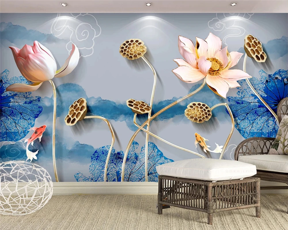 beibehang Customized modern ink lotus jewellery simple embossed background decorative painting papel de parede 3d wallpaper