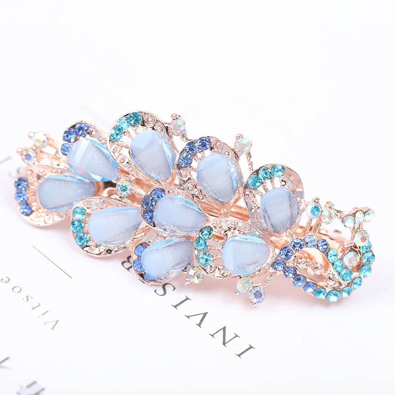 2018 New Luxury Crystal Hair Clip Opal Leaf Resin Flower Headwear Jewelry OL For Women Girls Elegant Barrettes Hair Accessorie