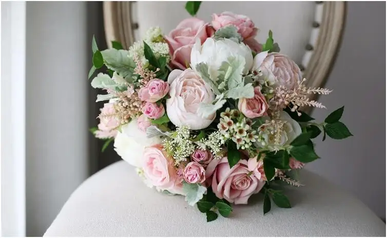 JaneVini Vintage Blush Pink Roses Bridal Handle Bouquets Artificial Flowers Bridesmaid Wedding Bouquet De Fleurs White Brooch