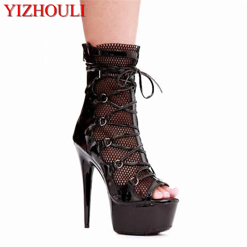 15 cm high heel boots, sexy cross bands, black mesh booties, paint club fashionable ankle boots