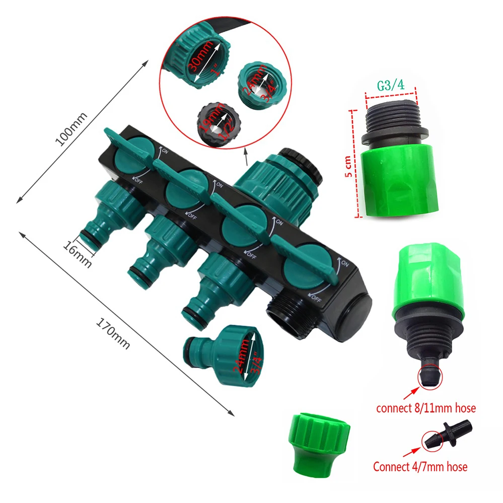 Garden Irrigation 4-way Tap Hose Splitter Garden Drip 4/7 or 8/11 Hose Fittings Pipe Connector Irrigation Set 1 Set