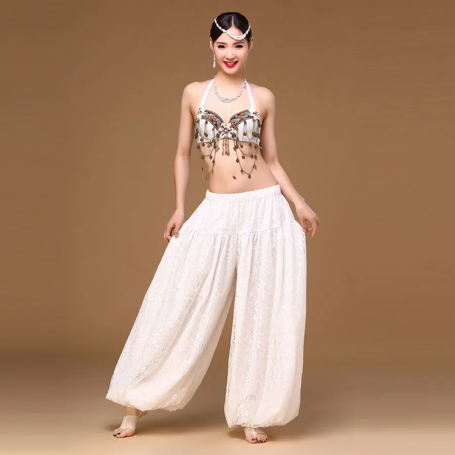 Women Dance Pants White Elastic Waist Lace spandex Belly Dancer Pants Wide Leg Loose Long Trousers Bloomers Gypsy Pants