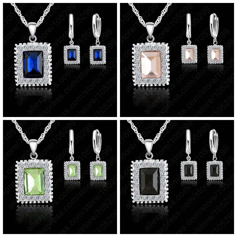 Top Quality CZ Jewelry Set 925 Sterling Silver Needle Chains Pendant Necklace Earring Crystal Squire Jewelry Set For Women