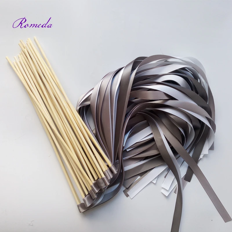 

New Arrived 50pcs/lot sliver and white stain Wedding Ribbon Wands stick without Bells for wedding decoration