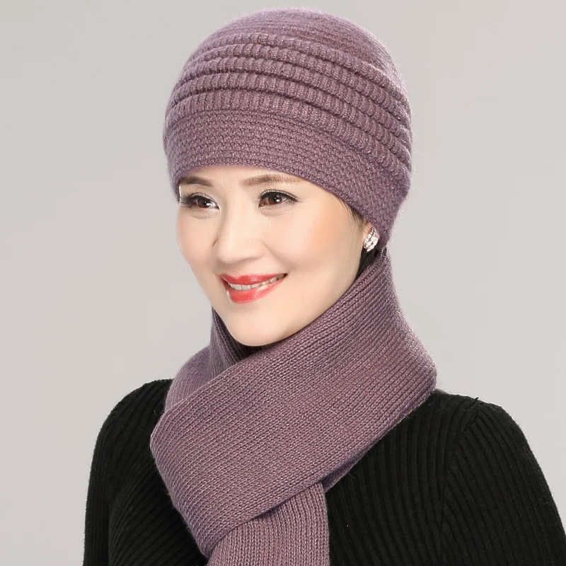 Rabbit Hair Knitted Wool Hat Women Middle-aged Elderly Winter Grandma Cap Mother Warm Soft Fashion Casual Pure Color Scarf H7169