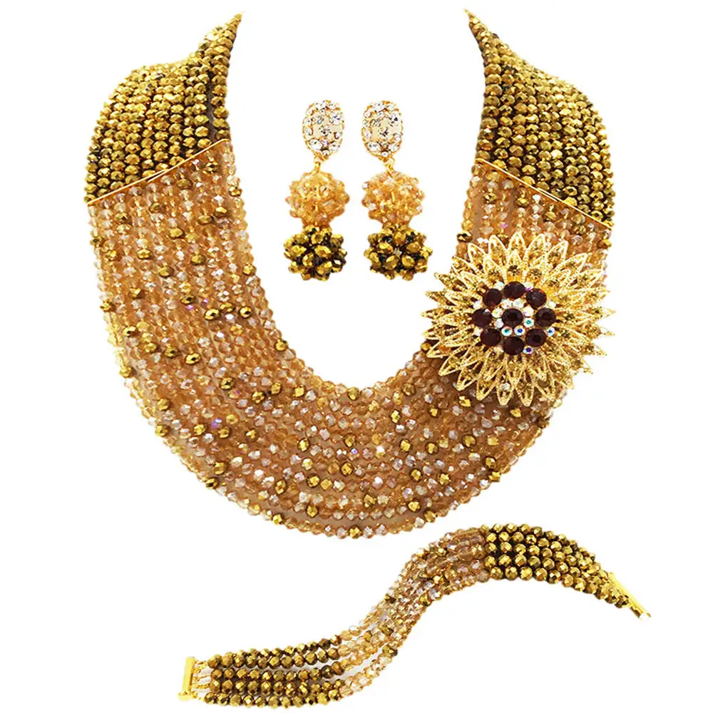 

Fashion Golden Brown Champagne Gold AB African Beads Jewelry Set Nigerian Necklace Wedding Party Jewelry Sets 10SZ09