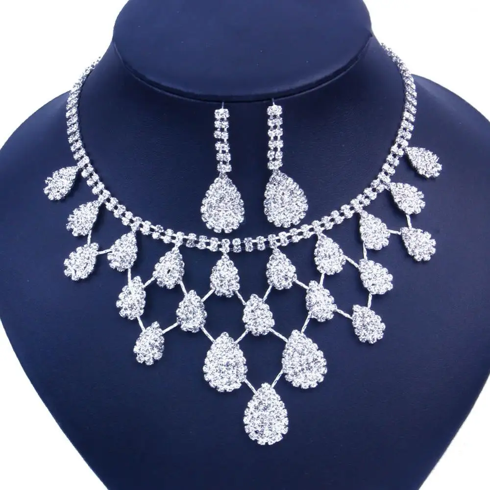 StoneFans Vintage Bridal Wedding Party Jewelry Set Rhinestone Waterdrop Pendant Necklace Earrings Set for Women Africa Jewelry