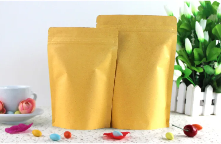 9*14+3cm 100pcs Stand Up Aluminum Foil Brown kraft paper bags with Zipper lock for Food/Tea/Nut Resealable Packaging Bag