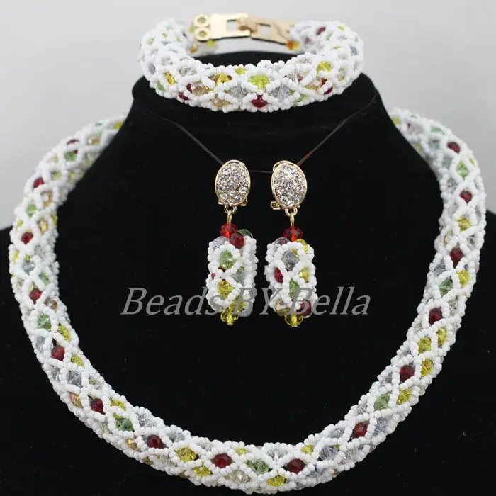 

Lovely Small White Braid Crystal Jewelry Sets African Wedding Beads Jewelry Set Nigerian Fashion Necklace Free Shipping ABF851