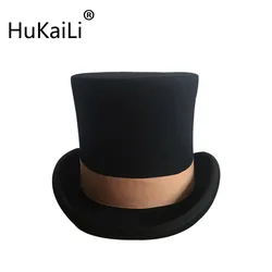 Black 7inch and 4.5inch Top Hat with brown grosgrain Wool Fedoras Gentleman Steampunk Groom Wedding High flet Hat  Pot Topper