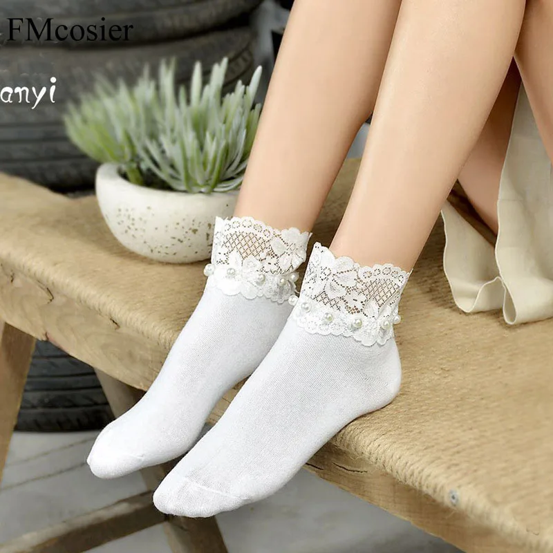 

6 Pairs High Quality 100% Cotton Socks Women's Korean Style Short Boat Lace Pearl socken For Women White Black Cloth Socks