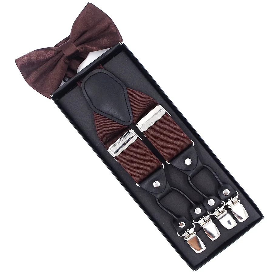 New Suspenders Set leather  6 Clips Braces with Bow Tie Vintage Casual Suspensorio Trousers Strap Father/Husband\'s Gift