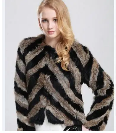 real rabbit fur jackets knitted Fur Outwear Made by two-color stripe real fur coat fur coats Wholesale and Retail Happihop new