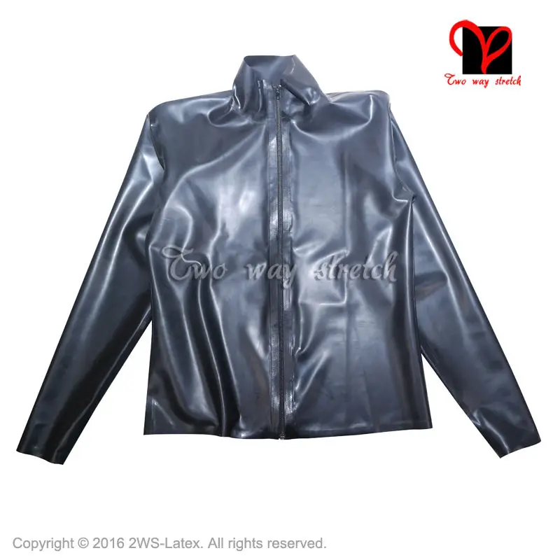 Sexy Schwarz Latex jacke Long sleeves Rubber mantel shirt Gummi Uniform bluse Catsuit blazer Top kleidung plus größe SY-035