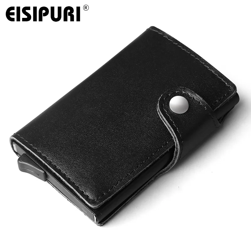 Men Genuine leather Aluminum Wallet With Back Pocket ID Card Holder RFID Blocking Mini Slim Metal Wallet Pop up Credit Card