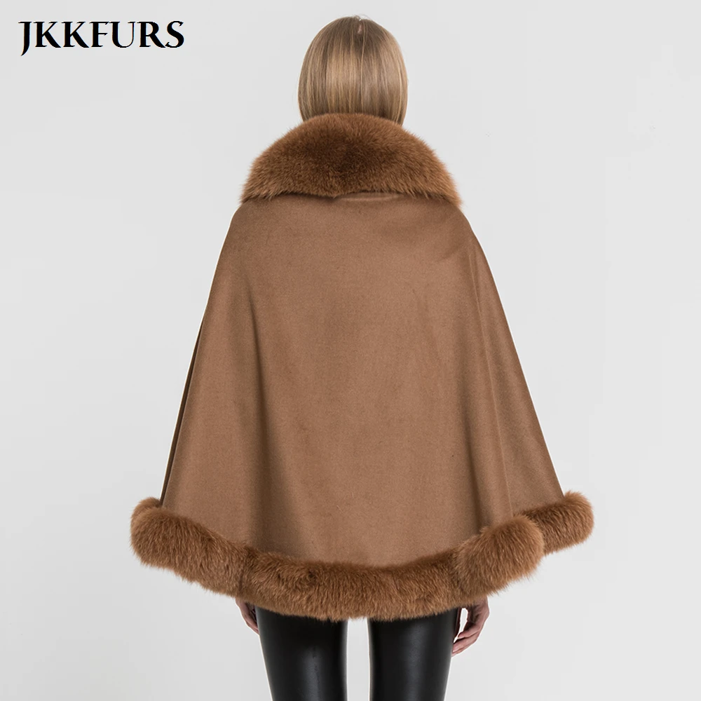 JKKFURS Women\'s Poncho Genuine Fox Fur Collar Trim & Cashmere Cape Wool Fashion Style Autumn Winter Warm Coat S7358