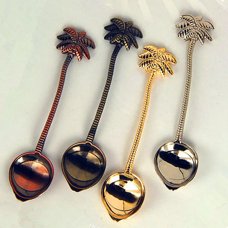 100pcs/lot Coconut tree gold spoon for tea coffee Dessert Spoon Teaspoon LX0206