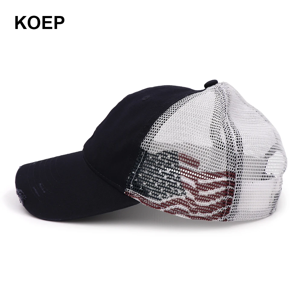 KOEP High Quality Fashion Baseball Cap Snapback Mesh Back Caps Washed Cotton Hat Screen Printed American Flag