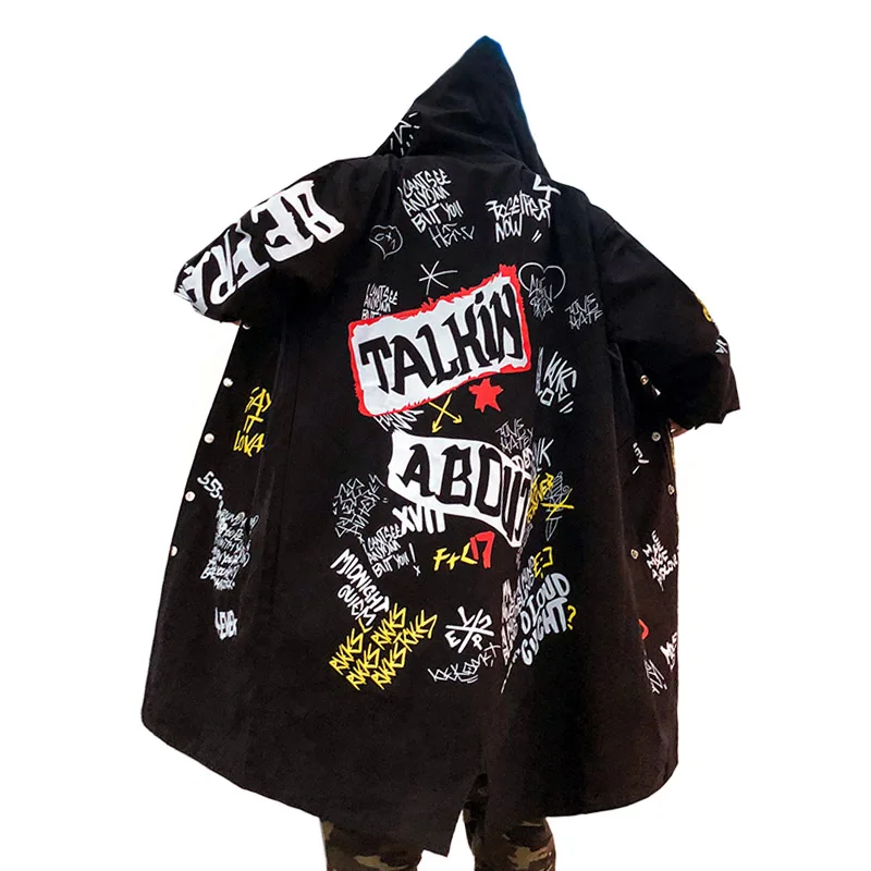 

Spring Autumn Men's Clothing Graffiti Print Hooded Trench Coat Long Loose Dovetail Windbreaker High Street Hip Hop Outerwear