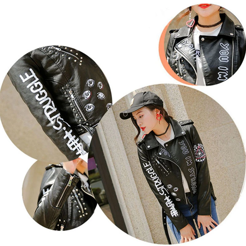 Women Printed Letters Pu Leather Jacket Biker Moto Black Faux Jacket Female Pattern Black Rivet Hip Hop Short Zipper Coat PY21